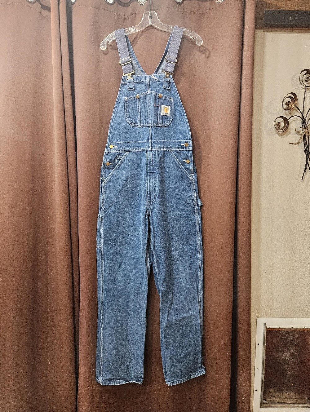 Carhartt Dungarees Bib Overalls Womens Indigo Distressed Workwear Sz Med